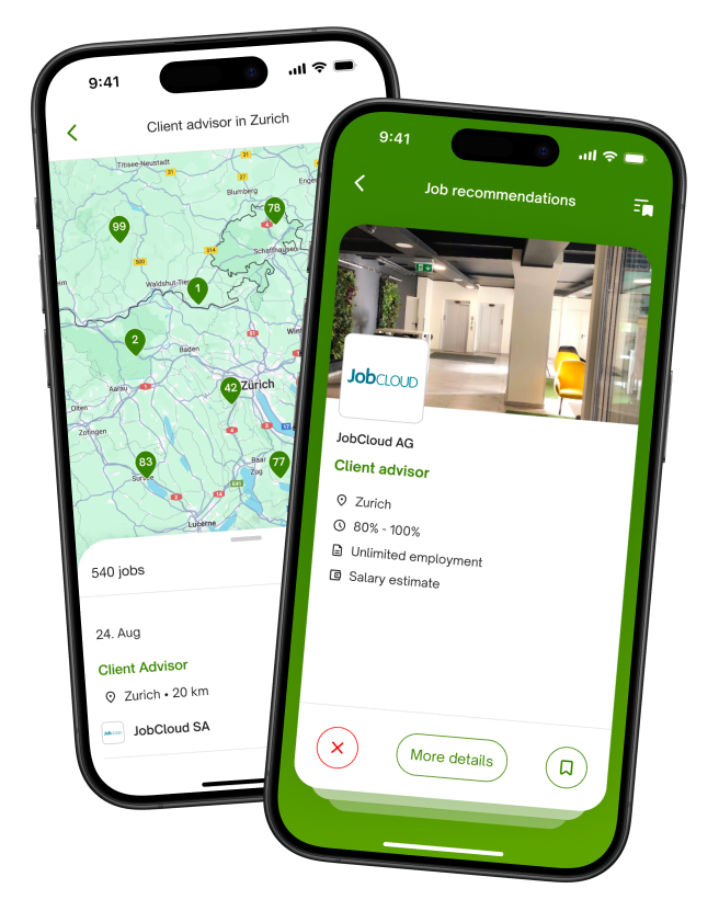 Two smartphones displaying a job map for Zurich and a "Client Advisor" job listing on the jobup.ch mobile app.