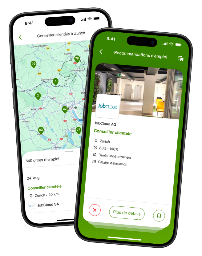 Deux smartphones affichant une carte des emplois à Zurich et une offre d'emploi "Client Advisor" sur l'application mobile jobup.ch.